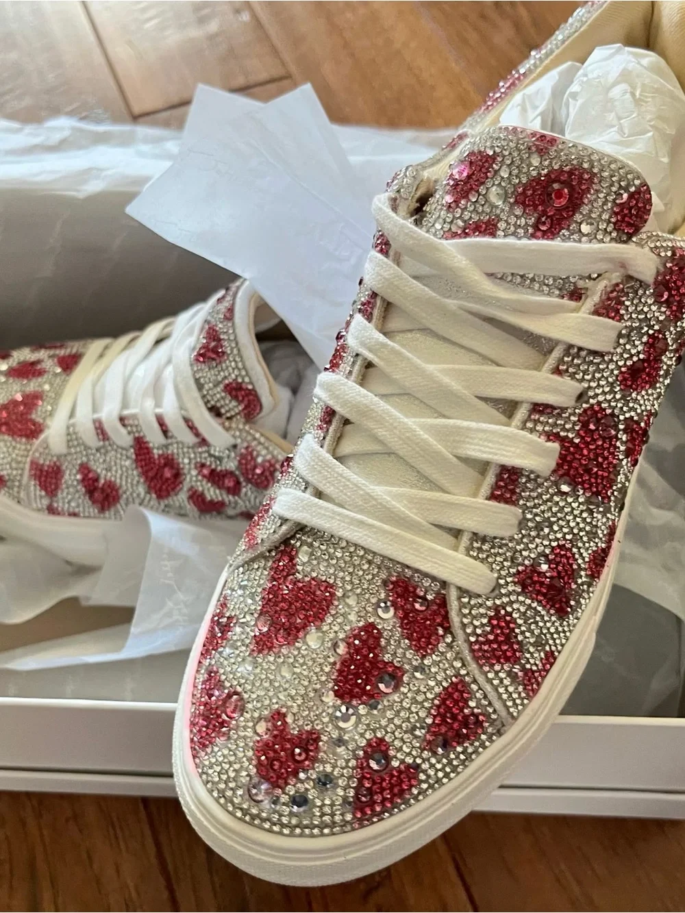Betsey Johnson White Sneakers with Red Crystal Hearts